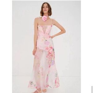 NEW! For Love And Lemon- Baby Pink Floral Sheer Maxi Dress With Self Tie Size L